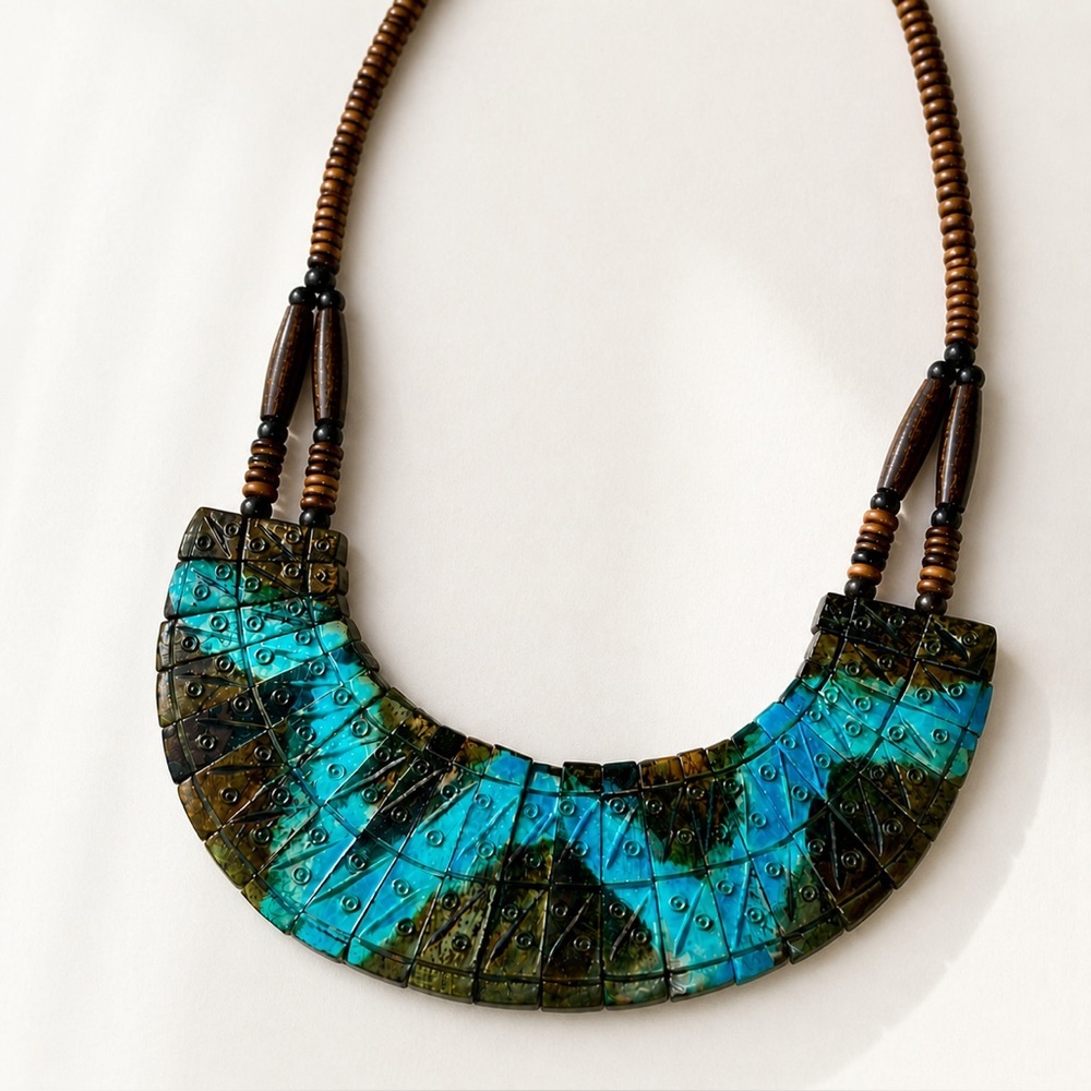 Artisan Vintage Carved Boho Tribal Turquoise Blue Statement Necklace Handcrafted